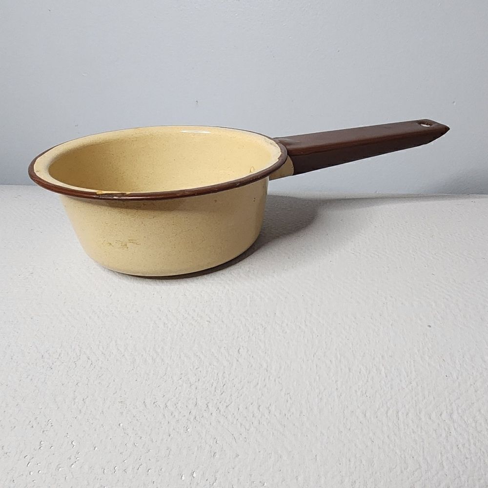 Vintage Little Saucepan Enamelware Tan with Brown Trim & Handle 5" Diameter